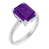 14K Gold Emerald Natural Amethyst Double-Prong Ring - White Gold
