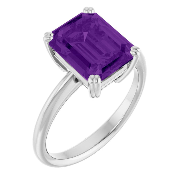 14K Gold Emerald Natural Amethyst Double-Prong Ring - White Gold