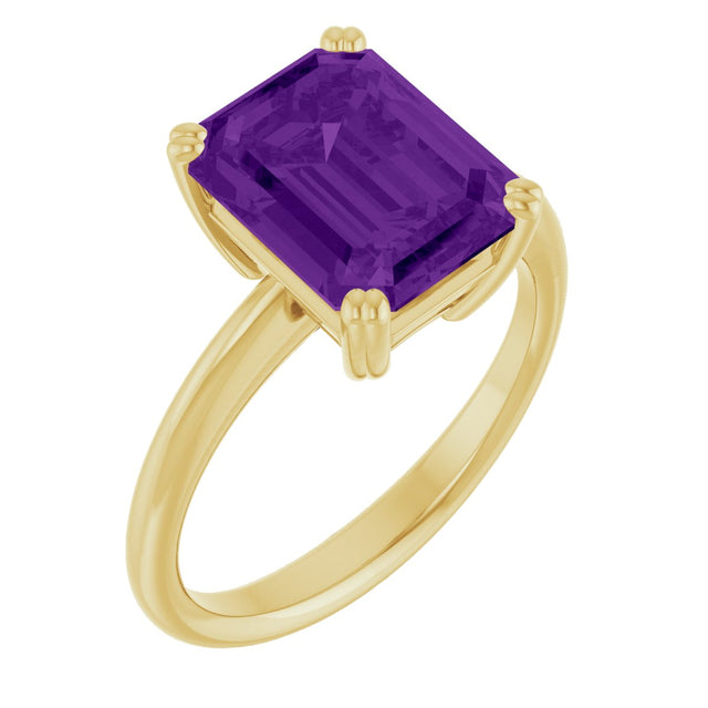 14K Gold Emerald Natural Amethyst Double-Prong Ring - Yellow Gold