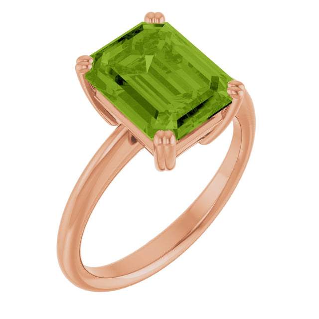 14K Gold Emerald Natural Peridot Double-Prong Ring - Rose Gold