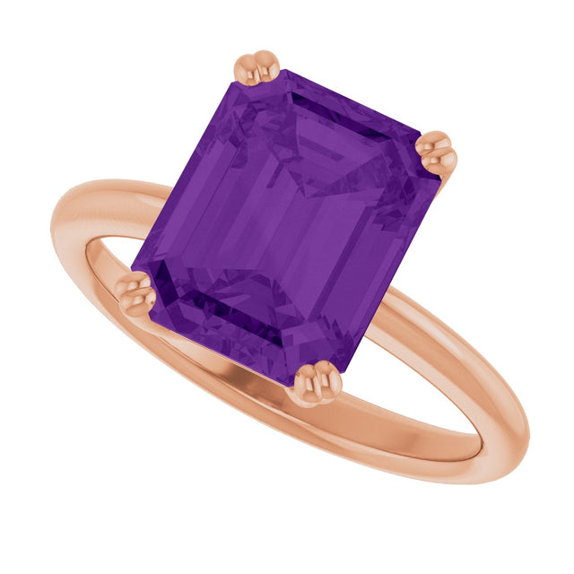 14K Gold Emerald Natural Amethyst Double-Prong Ring - Rose Gold - view 5