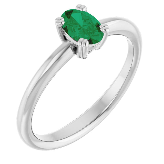 14K Gold Oval Lab-Grown Emerald Double-Prong Ring - White Gold