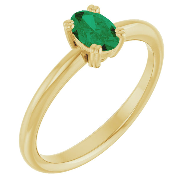 14K Gold Oval Lab-Grown Emerald Double-Prong Ring - Yellow Gold