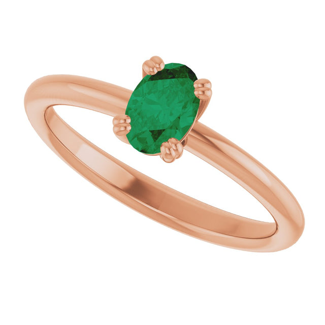14K Gold Oval Lab-Grown Emerald Double-Prong Ring - Rose Gold - view 5