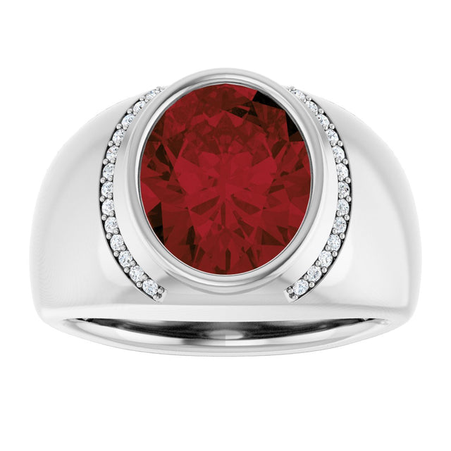 14K Gold Oval Natural Mozambique Garnet & Natural Diamond Accented Bezel-Set Ring – 12x10mm - White Gold - view 3