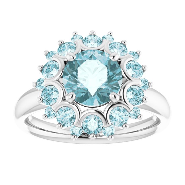 14K Gold Round Natural Sky Blue Topaz & Natural Diamond Halo-Style Ring - view 3