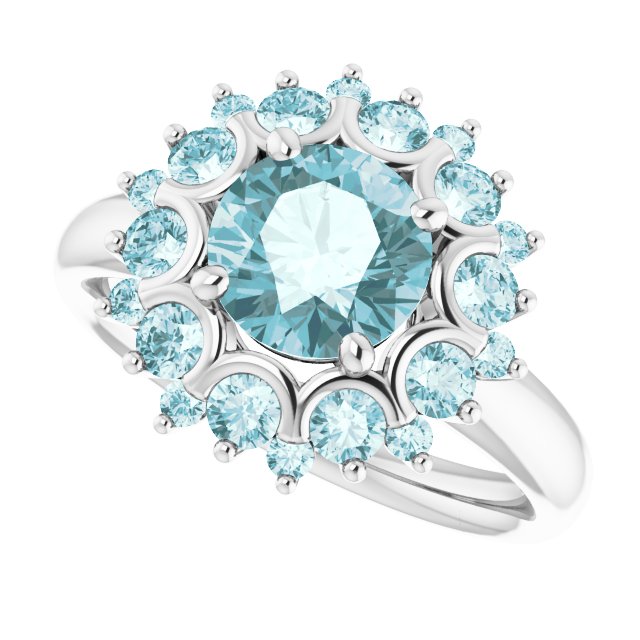 14K Gold Round Natural Sky Blue Topaz & Natural Diamond Halo-Style Ring - view 5