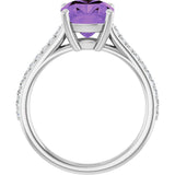 14K Gold Cushion Natural Amethyst & Natural Diamond Accented Cathedral-Style Ring - White Gold - view 2