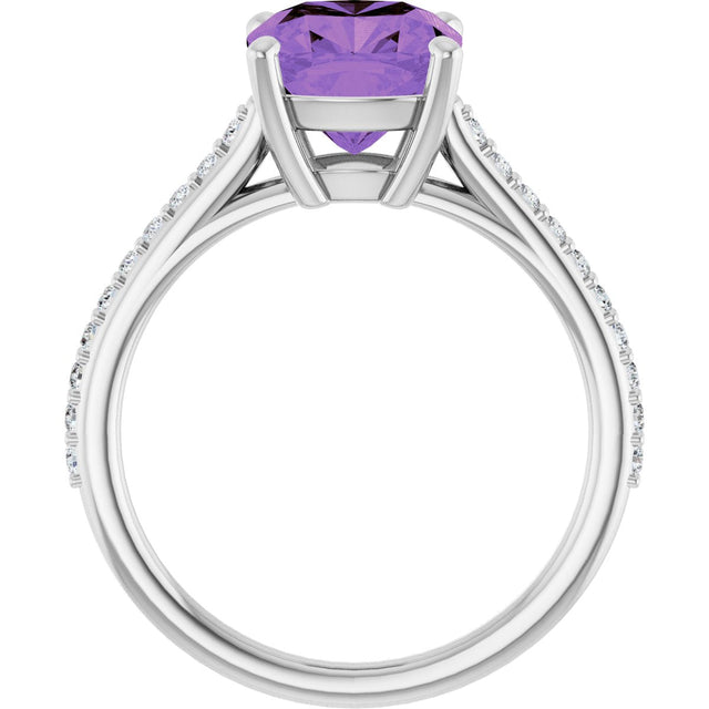 14K Gold Cushion Natural Amethyst & Natural Diamond Accented Cathedral-Style Ring - White Gold - view 2