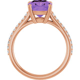 14K Gold Cushion Natural Amethyst & Natural Diamond Accented Cathedral-Style Ring - Rose Gold - view 2