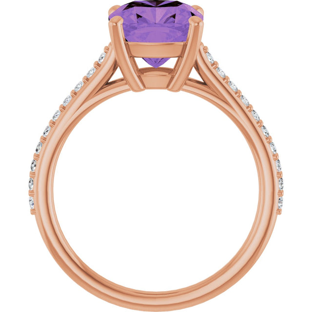 14K Gold Cushion Natural Amethyst & Natural Diamond Accented Cathedral-Style Ring - Rose Gold - view 2