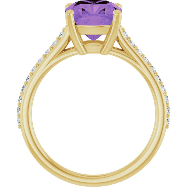 14K Gold Cushion Natural Amethyst & Natural Diamond Accented Cathedral-Style Ring - Yellow Gold - view 2