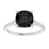 14K Gold Cushion Natural Black Onyx & Natural Diamond Accented Cathedral-Style Ring - White Gold - view 3