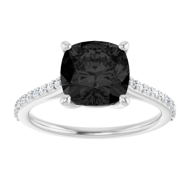 14K Gold Cushion Natural Black Onyx & Natural Diamond Accented Cathedral-Style Ring - White Gold - view 3