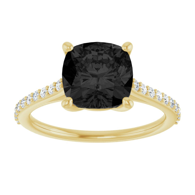 14K Gold Cushion Natural Black Onyx & Natural Diamond Accented Cathedral-Style Ring - Yellow Gold - view 3