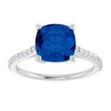 14K Gold Cushion Lab-Grown Blue Sapphire & Natural Diamond Accented Cathedral-Style Ring - view 3