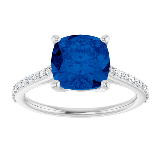 14K Gold Cushion Lab-Grown Blue Sapphire & Natural Diamond Accented Cathedral-Style Ring - view 3