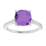 14K Gold Cushion Natural Amethyst & Natural Diamond Accented Cathedral-Style Ring - White Gold - view 3