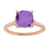 14K Gold Cushion Natural Amethyst & Natural Diamond Accented Cathedral-Style Ring - Rose Gold - view 3