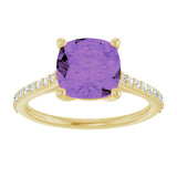 14K Gold Cushion Natural Amethyst & Natural Diamond Accented Cathedral-Style Ring - Yellow Gold - view 3