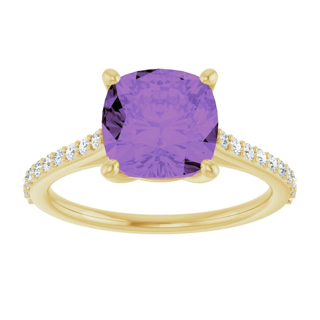 14K Gold Cushion Natural Amethyst & Natural Diamond Accented Cathedral-Style Ring - Yellow Gold - view 3