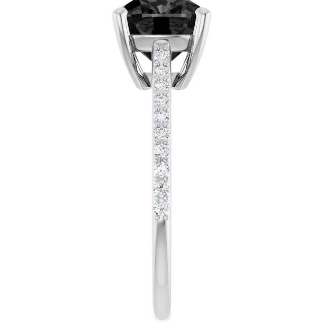 14K Gold Cushion Natural Black Onyx & Natural Diamond Accented Cathedral-Style Ring - White Gold - view 4