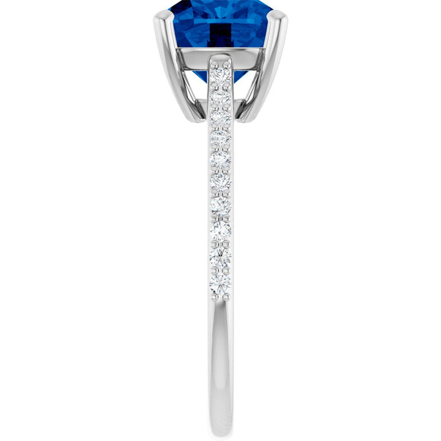 14K Gold Cushion Lab-Grown Blue Sapphire & Natural Diamond Accented Cathedral-Style Ring - view 4