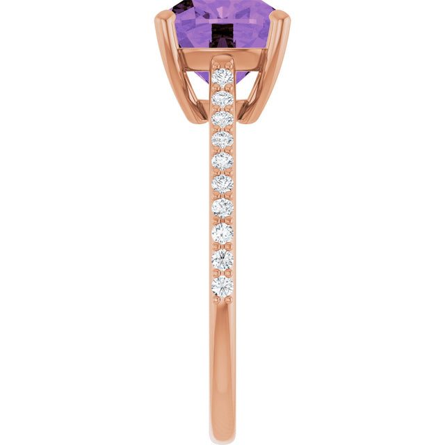 14K Gold Cushion Natural Amethyst & Natural Diamond Accented Cathedral-Style Ring - Rose Gold - view 4