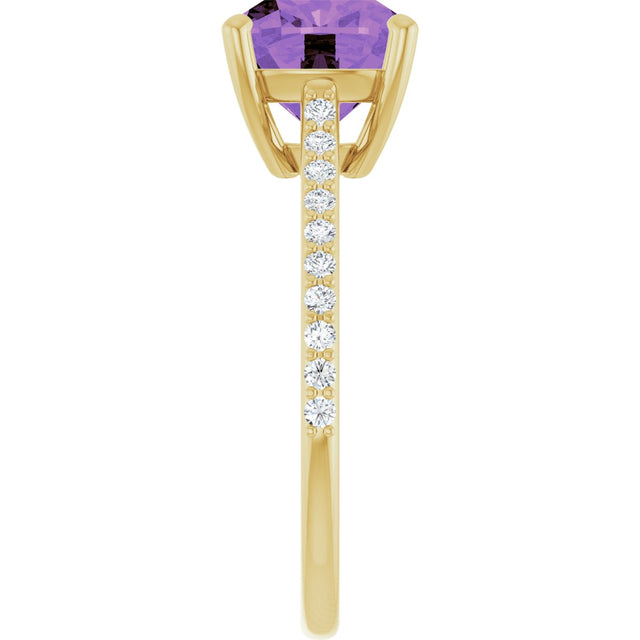 14K Gold Cushion Natural Amethyst & Natural Diamond Accented Cathedral-Style Ring - Yellow Gold - view 4