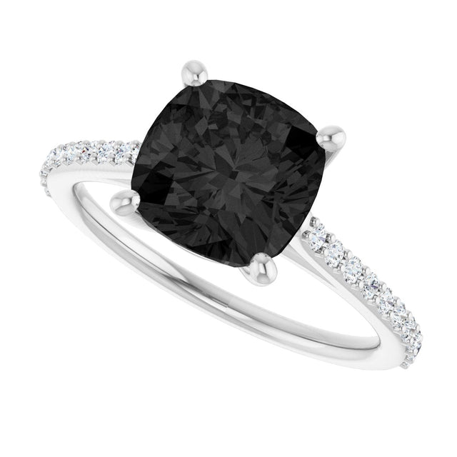 14K Gold Cushion Natural Black Onyx & Natural Diamond Accented Cathedral-Style Ring - White Gold - view 5