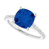 14K Gold Cushion Lab-Grown Blue Sapphire & Natural Diamond Accented Cathedral-Style Ring - view 5