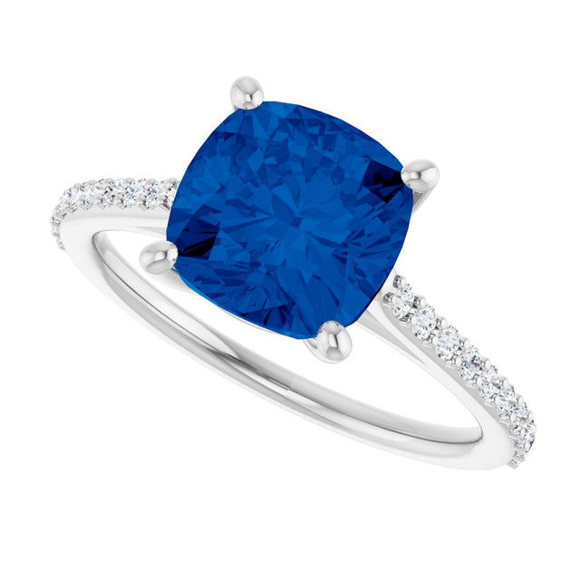 14K Gold Cushion Lab-Grown Blue Sapphire & Natural Diamond Accented Cathedral-Style Ring - view 5