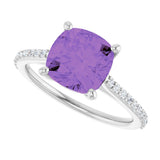14K Gold Cushion Natural Amethyst & Natural Diamond Accented Cathedral-Style Ring - White Gold - view 5