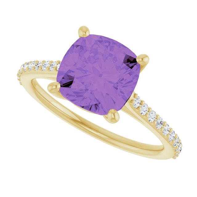 14K Gold Cushion Natural Amethyst & Natural Diamond Accented Cathedral-Style Ring - Yellow Gold - view 5