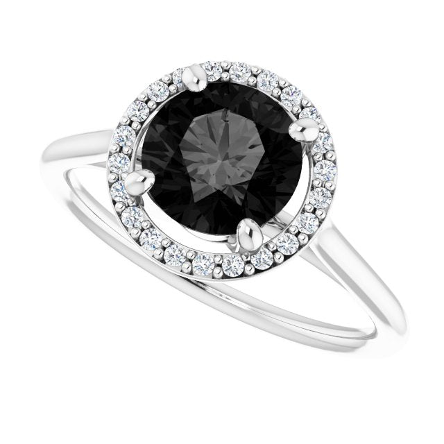 14K Gold Round Natural Black Onyx & Natural Diamond Halo-Style Ring - White Gold - view 5