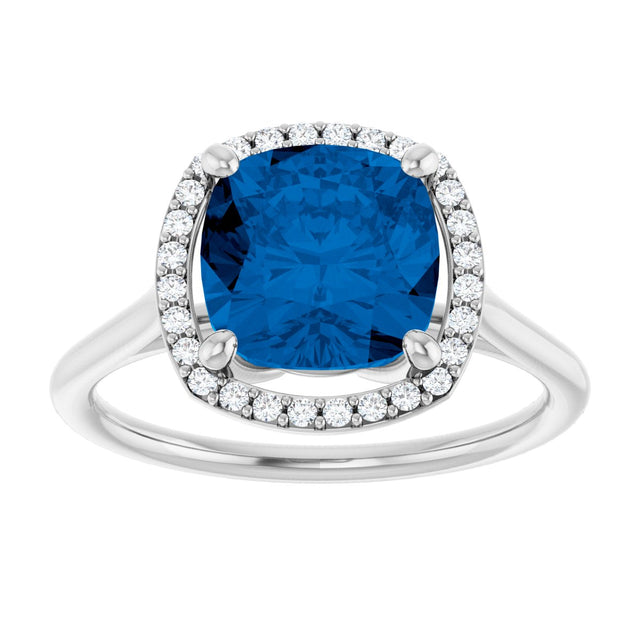 14K Gold Cushion Lab-Grown Blue Sapphire & Natural Diamond Halo-Style Ring – 8x8mm - view 4