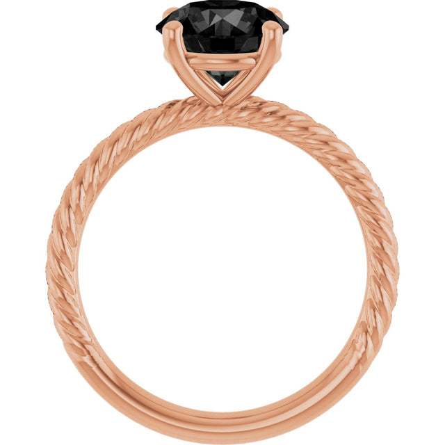 14K Gold Round Natural Black Onyx Rope Solitaire Ring - Rose Gold - view 2