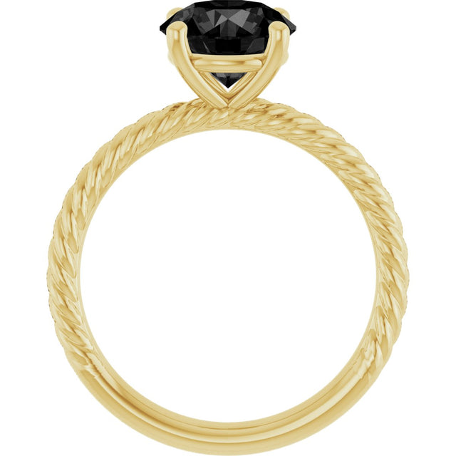 14K Gold Round Natural Black Onyx Rope Solitaire Ring - Yellow Gold - view 2