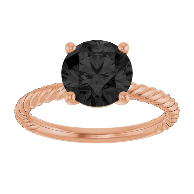 14K Gold Round Natural Black Onyx Rope Solitaire Ring - Rose Gold - view 3