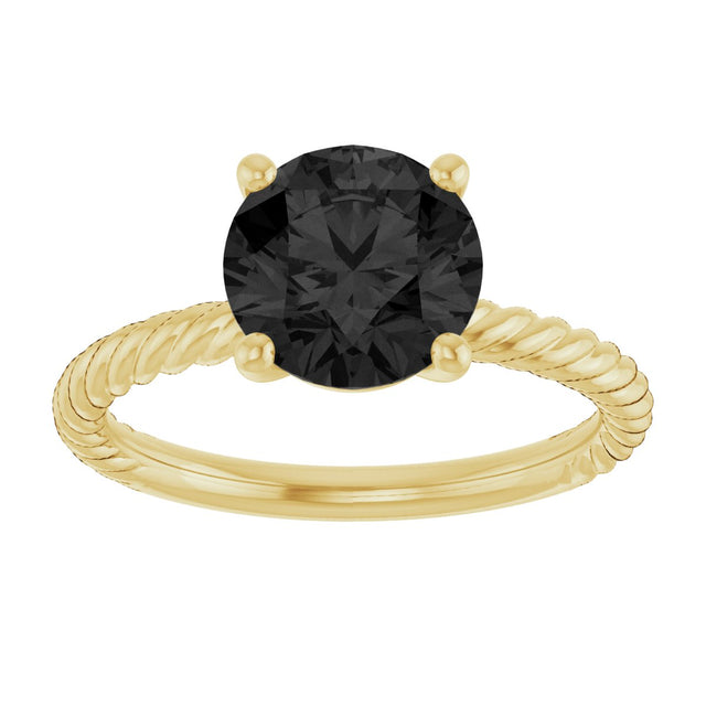14K Gold Round Natural Black Onyx Rope Solitaire Ring - Yellow Gold - view 3