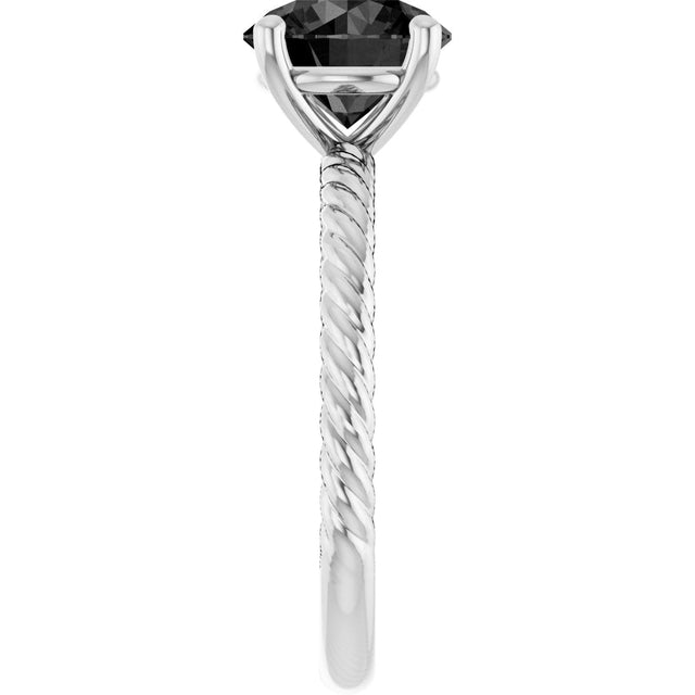 14K Gold Round Natural Black Onyx Rope Solitaire Ring - White Gold - view 4