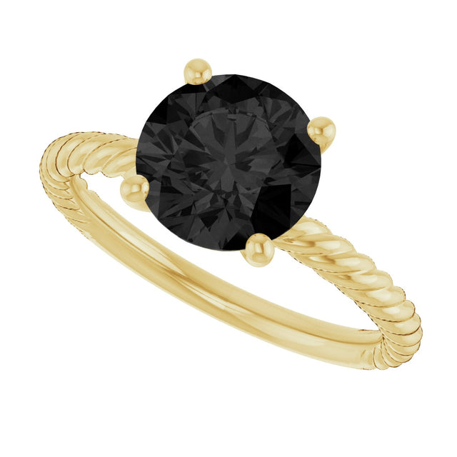14K Gold Round Natural Black Onyx Rope Solitaire Ring - Yellow Gold - view 5