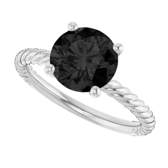 14K Gold Round Natural Black Onyx Rope Solitaire Ring - White Gold - view 5