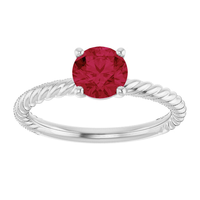 14K Gold Round Lab-Grown Ruby Rope Solitaire Ring – 6mm Stones - White Gold - view 3