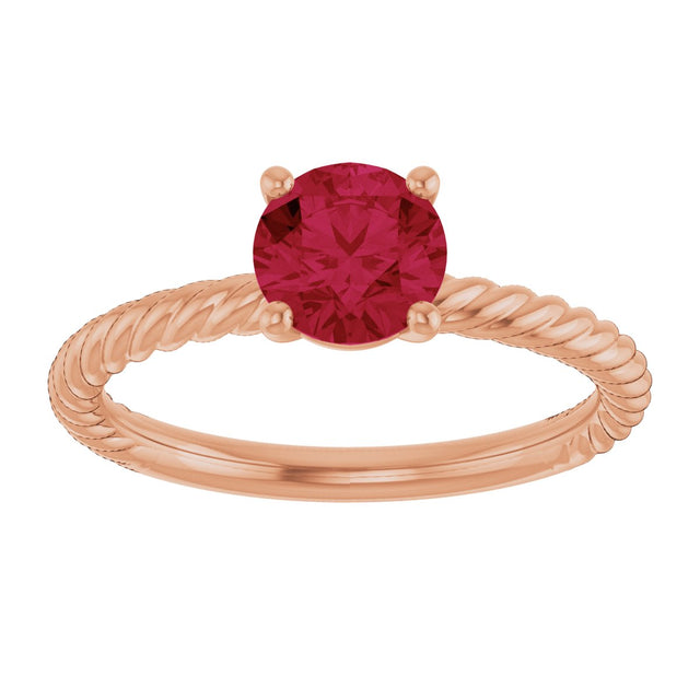 14K Gold Round Lab-Grown Ruby Rope Solitaire Ring – 6mm Stones - Rose Gold - view 3