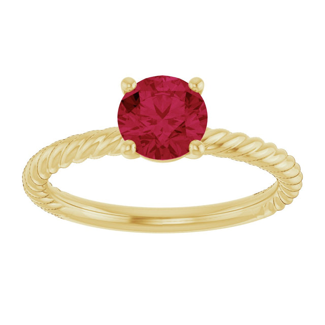 14K Gold Round Lab-Grown Ruby Rope Solitaire Ring – 6mm Stones - Yellow Gold - view 3