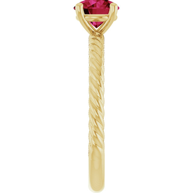 14K Gold Round Lab-Grown Ruby Rope Solitaire Ring – 6mm Stones - Yellow Gold - view 4