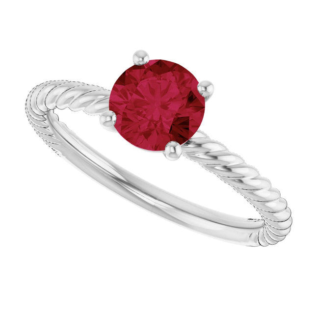 14K Gold Round Lab-Grown Ruby Rope Solitaire Ring – 6mm Stones - White Gold - view 5