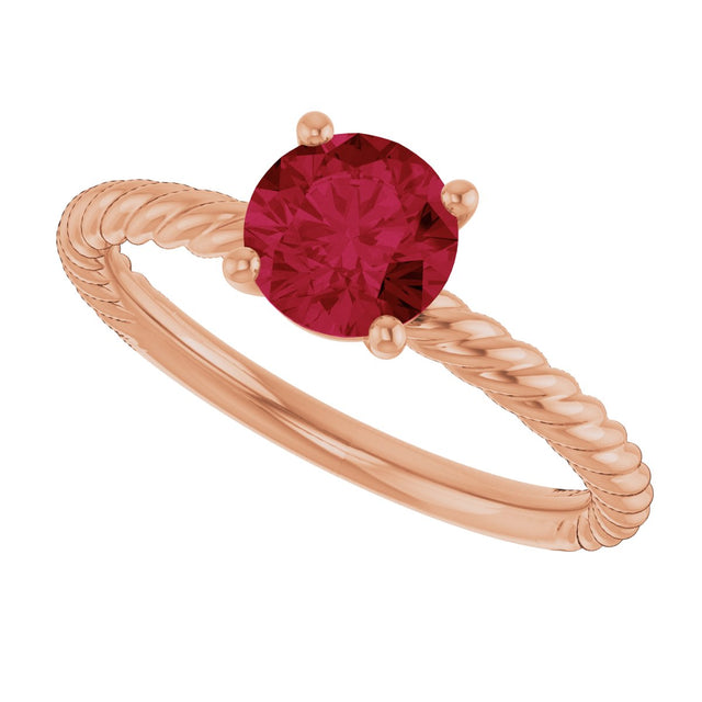 14K Gold Round Lab-Grown Ruby Rope Solitaire Ring – 6mm Stones - Rose Gold - view 5