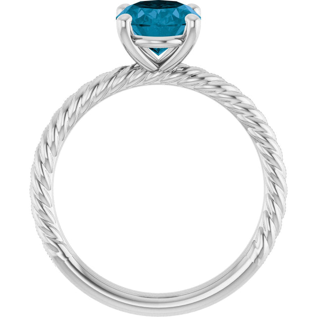 14K Gold Oval Natural London Blue Topaz Rope Solitaire Ring - White Gold - view 2